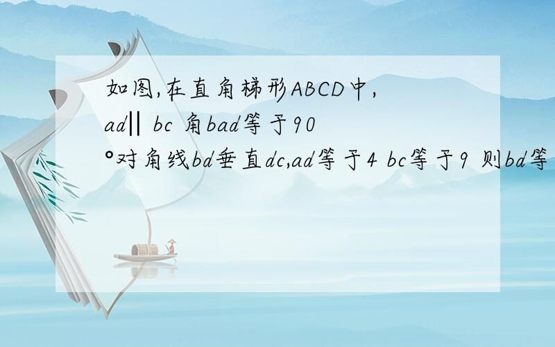 如图,在直角梯形ABCD中,ad‖bc 角bad等于90°对角线bd垂直dc,ad等于4 bc等于9 则bd等于