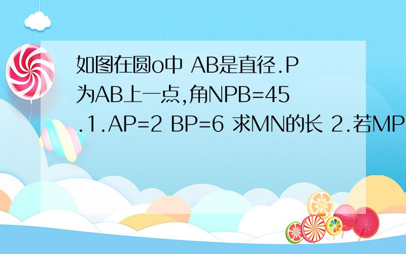 如图在圆o中 AB是直径.P为AB上一点,角NPB=45.1.AP=2 BP=6 求MN的长 2.若MP=3 NP=5 求AB的长3.当P 在AB上运动时（∠NPB度数保持不变）,试问：PM的平方+PN的平方/AB的平方 的值是否发生变化?若不变,请求出