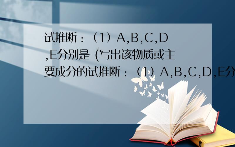试推断：（1）A,B,C,D,E分别是 (写出该物质或主要成分的试推断：（1）A,B,C,D,E分别是                 (写出该物质或主要成分的化学式)（2）写出3和5两反应的化学方程式