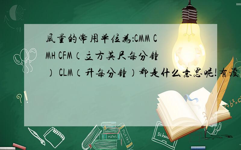 风量的常用单位为：CMM CMH CFM（立方英尺每分钟） CLM（升每分钟）都是什么意思呢!有没有换算呀~